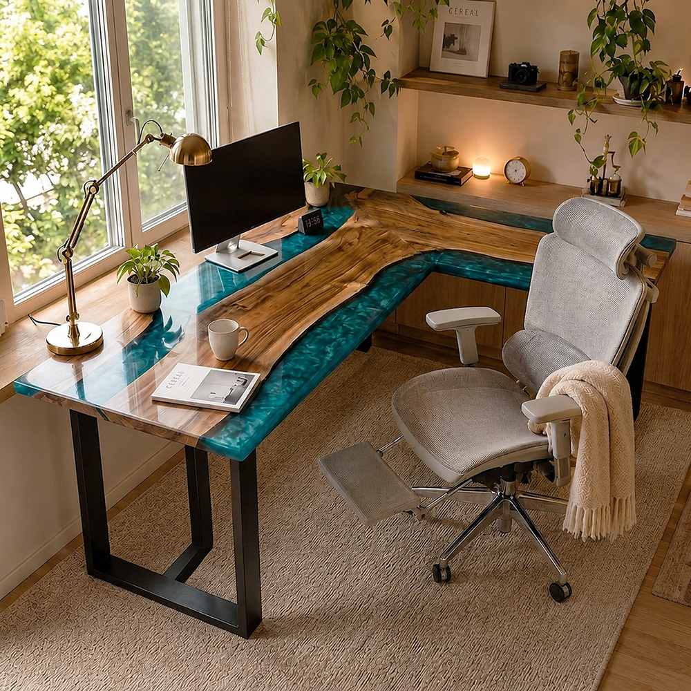 Ergonomic space-saving corner L-shaped river table maximizing desktop surface area for a modern home office studio