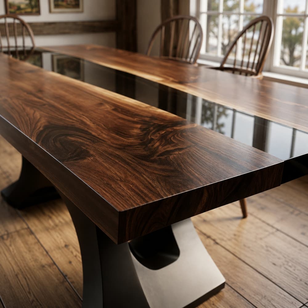 Transparent black epoxy river flowing through figured walnut dining table