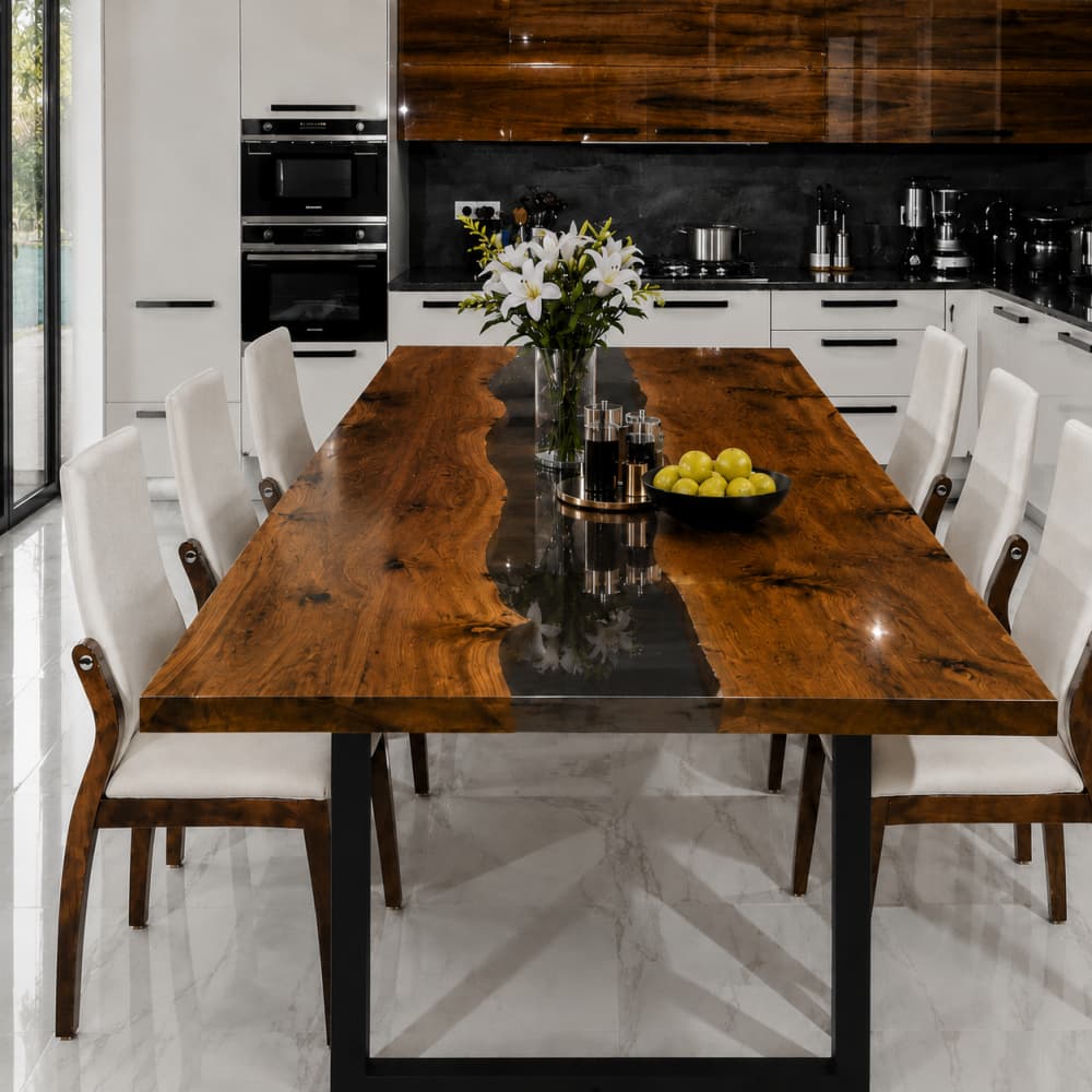 Solid walnut river dining table with dark translucent epoxy centerpiece