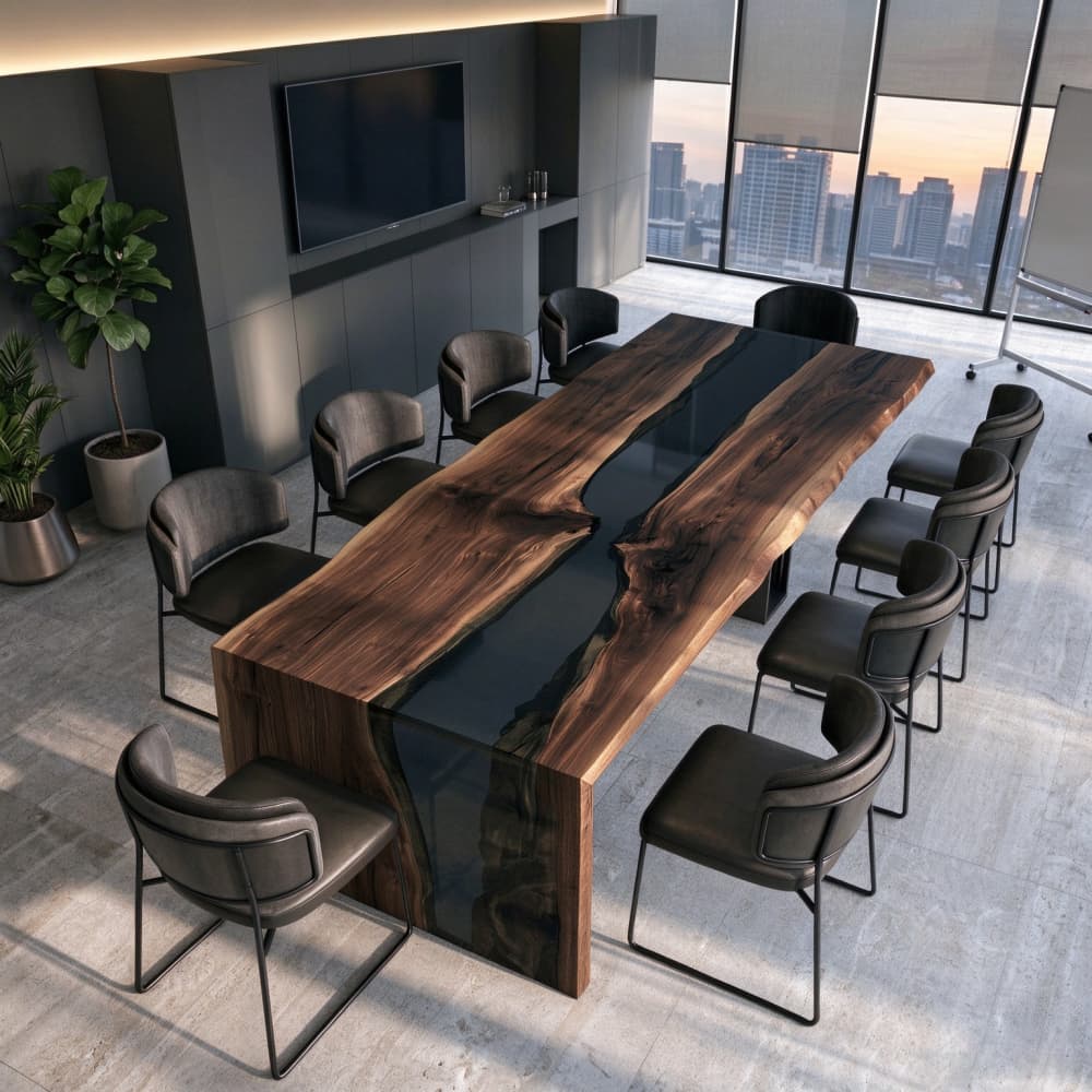 Close-up of a transparent black epoxy resin river flowing between natural black walnut slabs on a custom conference tabletop.