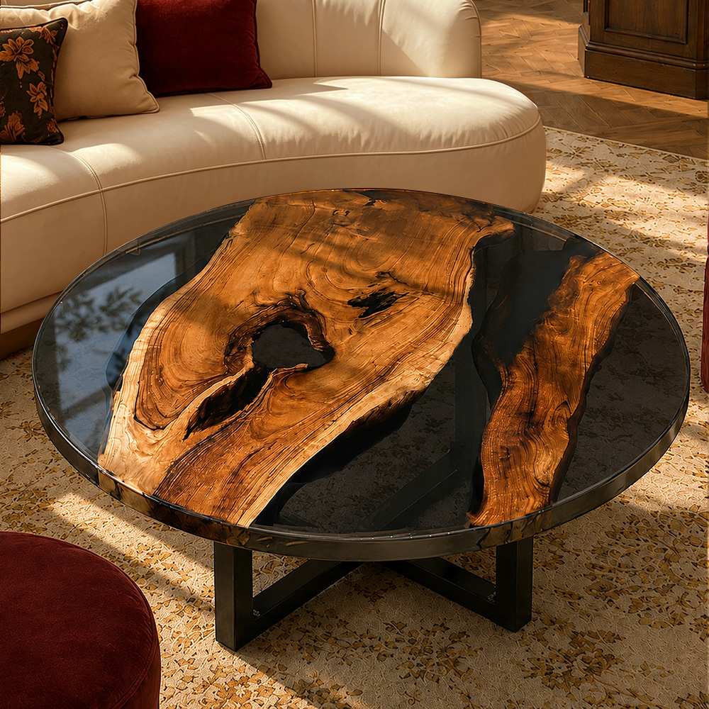 Transparent black epoxy table featuring natural walnut slab sections visible beneath the dark resin surface