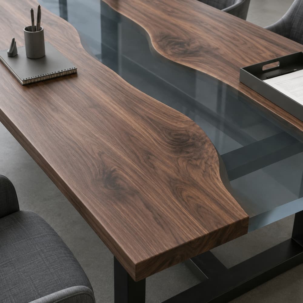 Close-up of see-through transparent charcoal gray resin river running through premium solid dark black walnut wood slabs