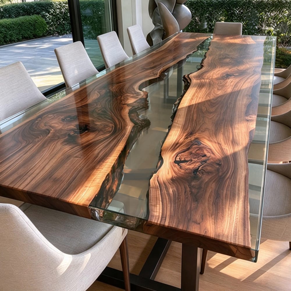 Clear epoxy resin inlay between two walnut slabs, revealing their natural inner contours.