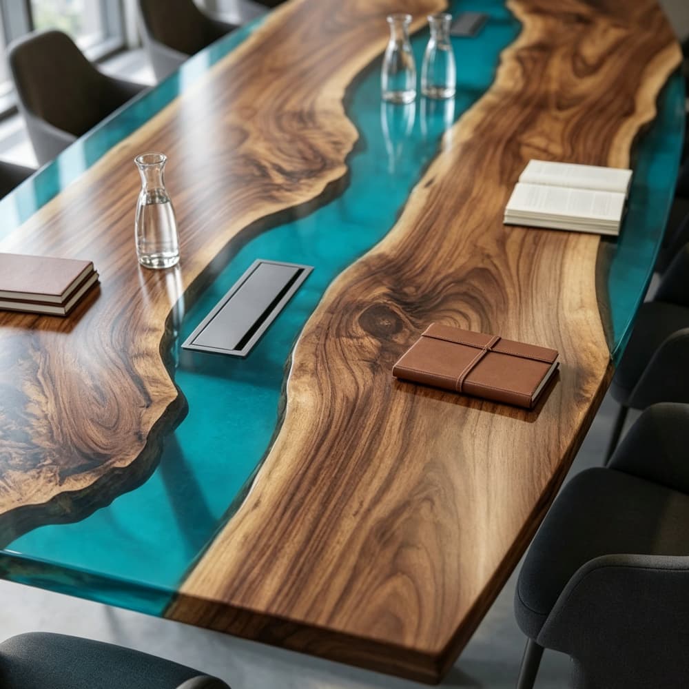 Close-up view of the glass-like, translucent lake blue resin river revealing the rich organic live-edge details of the submerged black walnut wood