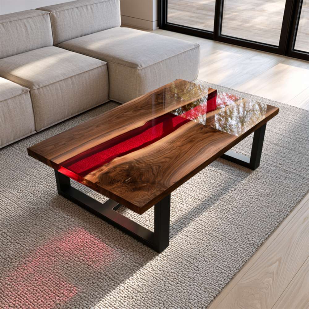 Solid black walnut coffee table featuring crystal-clear ruby resin that glows beautifully under natural light
