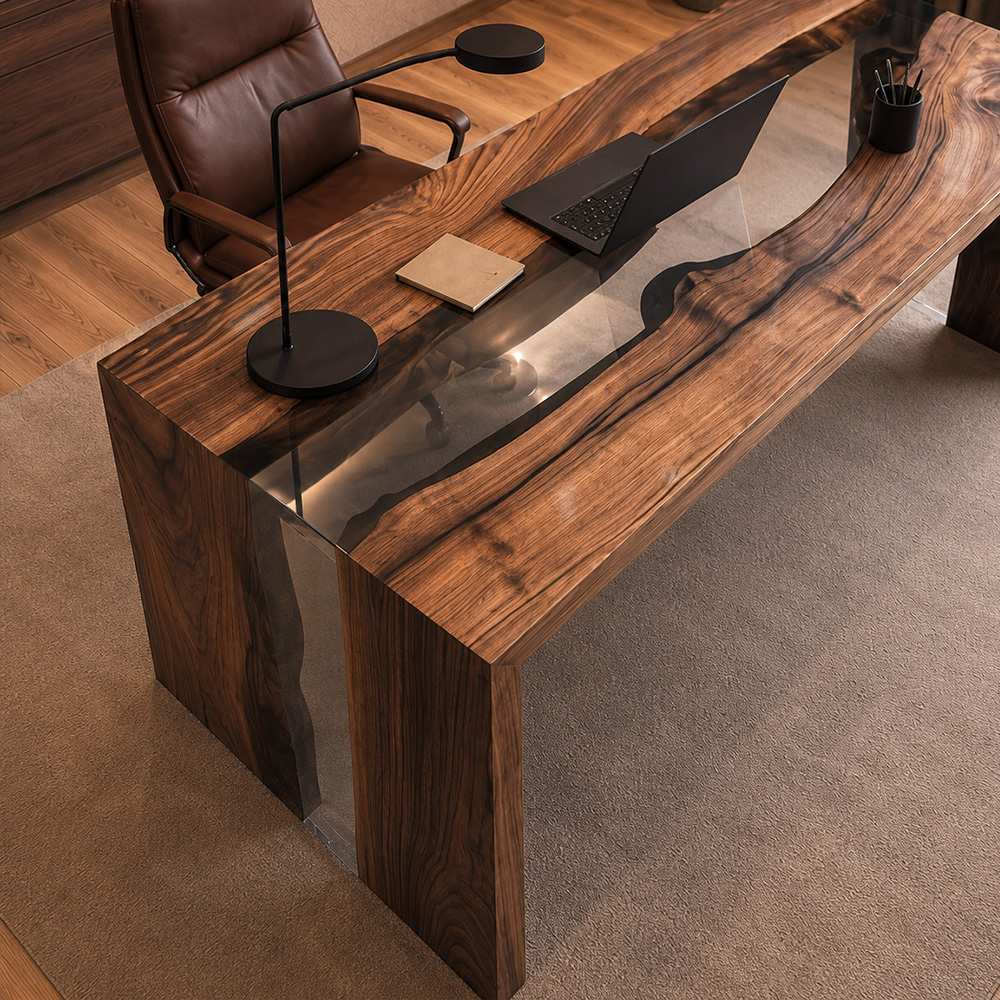 Transparent resin black walnut waterfall office desk revealing natural live edges beneath a clear epoxy center channel