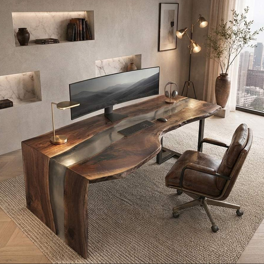 Transparent smoke gray resin walnut office desk showing natural wood grain beneath the epoxy river