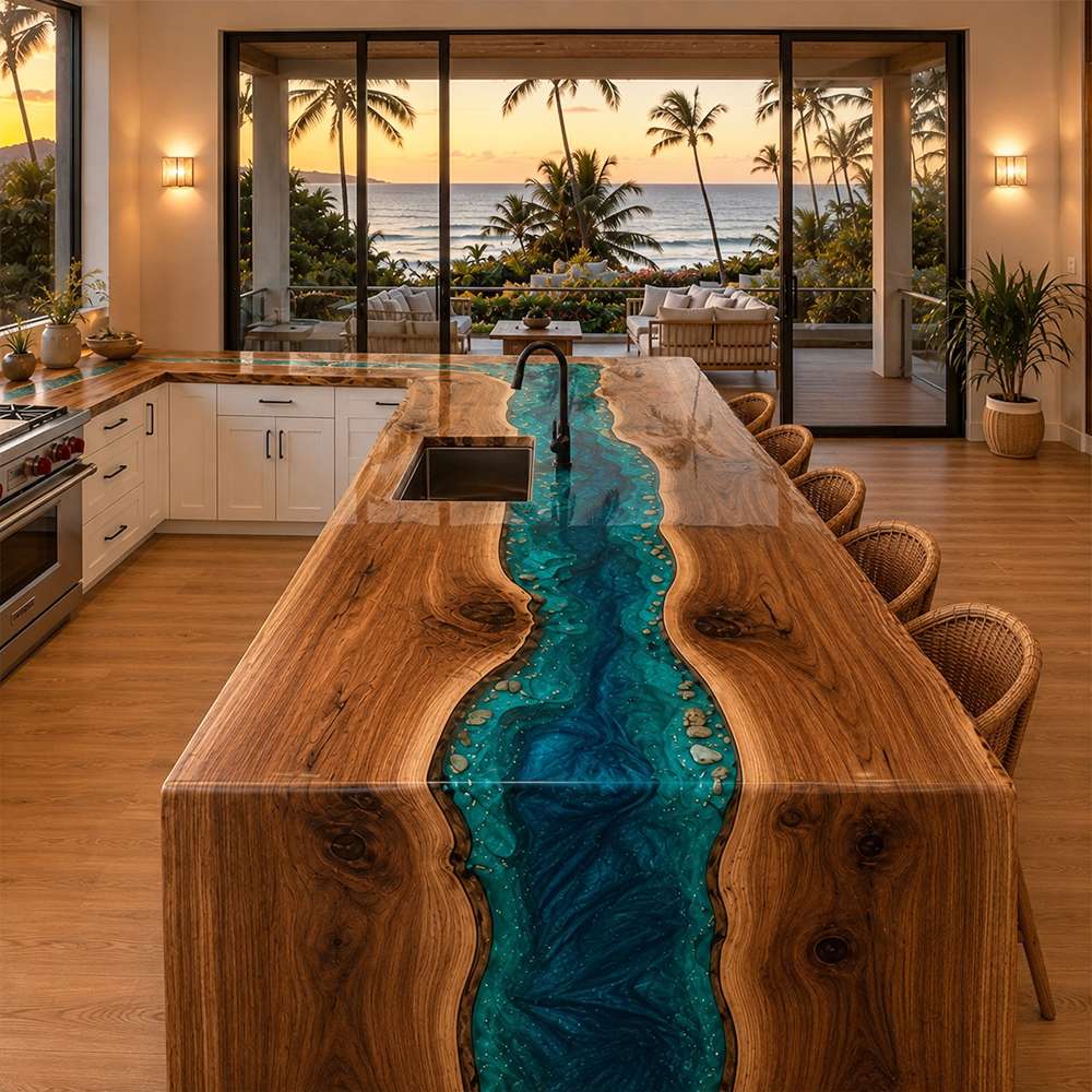 Close-up of deep emerald swirl and transparent turquoise epoxy resin river embedded with river rocks on a live edge timber surface