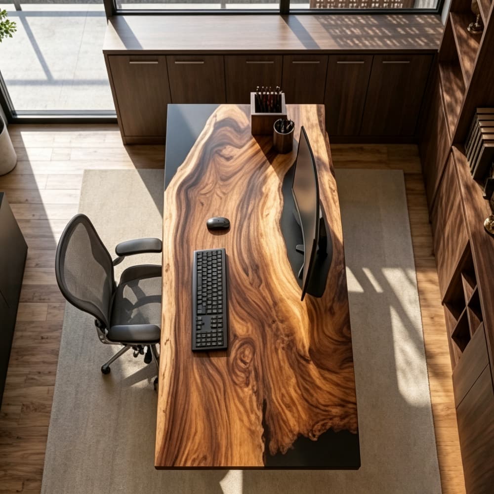 An asymmetric executive desk featuring a solid slabs of natural walnut enveloped by a thick, seamless perimeter of opaque charcoal-black resin