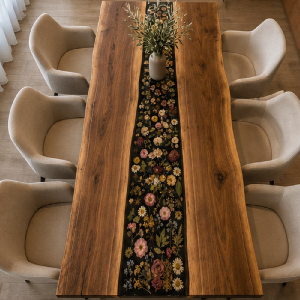 Overhead full interior shot of dual live edge walnut dining table with dark transparent epoxy river embedded with assorted preserved pressed blooms, surrounded by curved beige velvet dining chairs inside bright open-concept kitchen with marble countertop and sheer linen window drapes