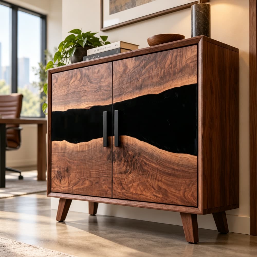 Two-door black walnut epoxy resin office cabinet with enclosed storage and modern black handles