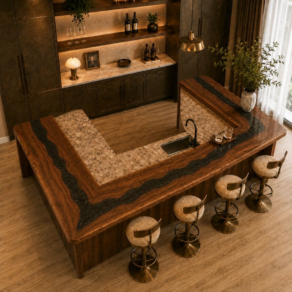 U-shaped black walnut epoxy bar counter with dark resin detailing