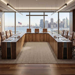 Large custom U-shaped black walnut conference table with a bold continuous black epoxy resin river