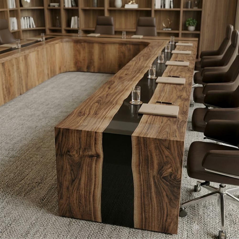 Executive meeting table with a striking blue resin river design, paired with tan leather chairs, ideal for contemporary corporate rooms