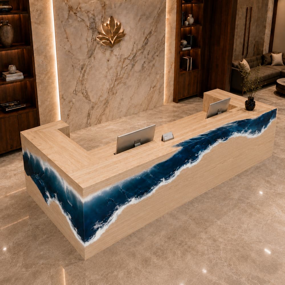 A left side perspective showing the seamless structural return and corner wrap of the dark blue ocean resin art on the ash wood structure
