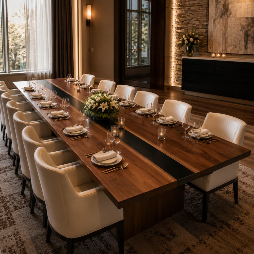 Extra-long live edge black walnut banquet table with a continuous linear black epoxy resin center vein