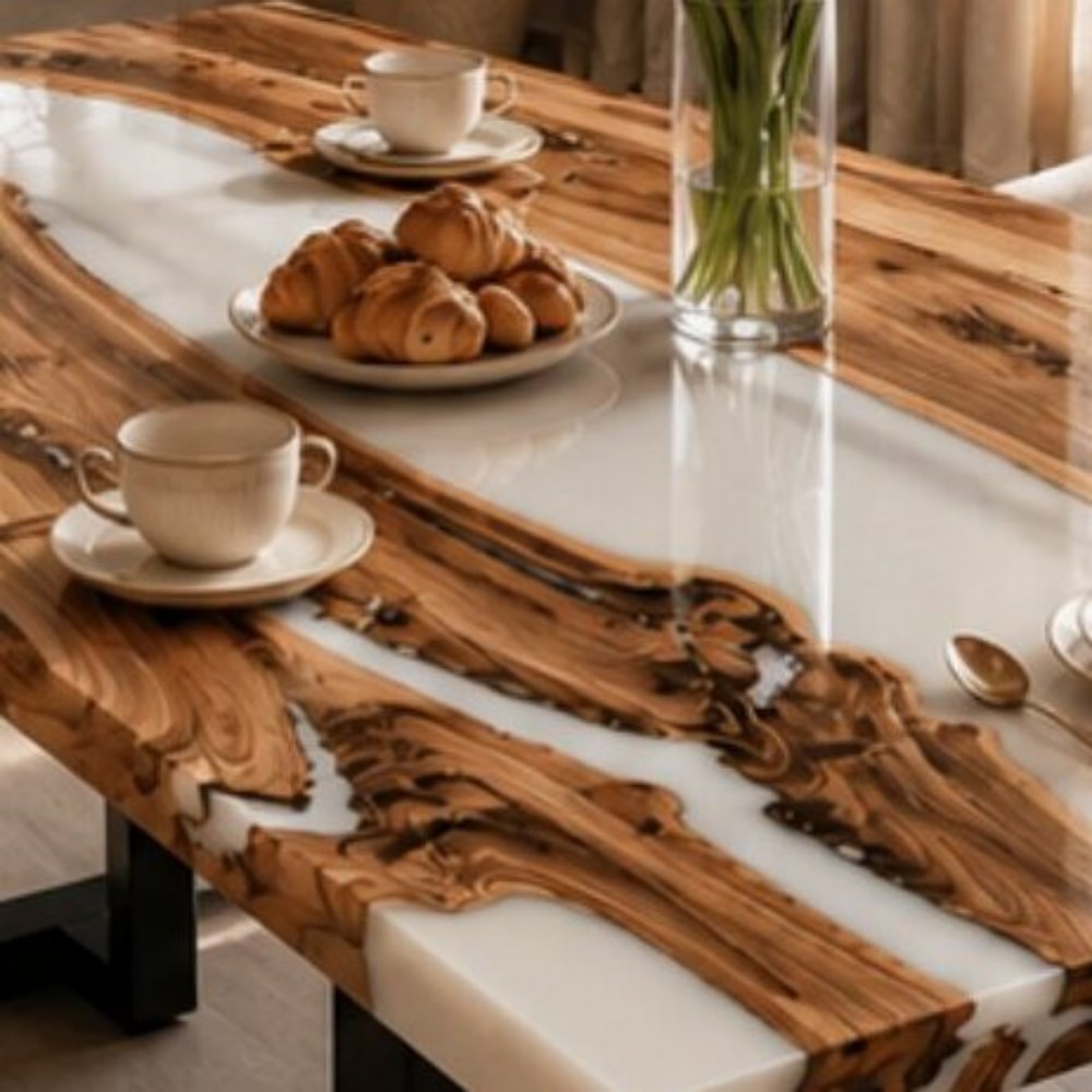 Texture-focused close-up of rolling uneven raw live edge seams where multiple walnut timber planks blend seamlessly with hand-poured milky white translucent epoxy central waterway, displaying natural hand-molded resin timber craft
