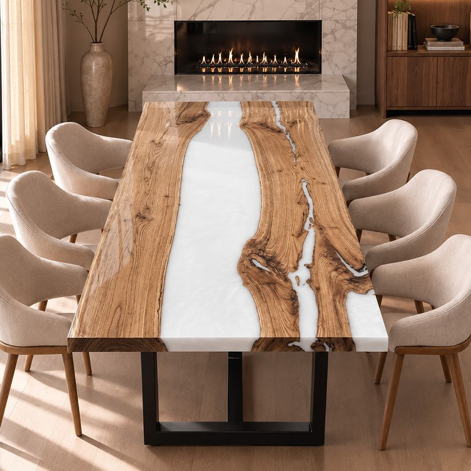 Texture-focused close-up of rolling uneven raw live edge seams where multiple walnut timber planks blend seamlessly with hand-poured milky white translucent epoxy central waterway, displaying natural hand-molded resin timber craft