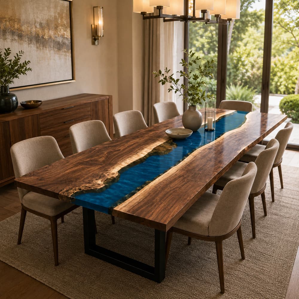 Central surface close-up showcasing raw natural rock and bark fragments embedded inside wide clear ocean-blue epoxy strip sandwiched between two massive walnut live edge timber slabs