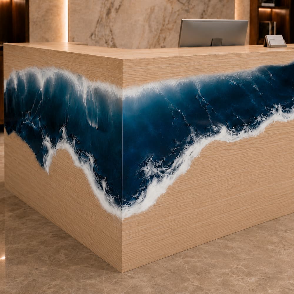 The crystal-clear glossy protective glaze over the blonde ash wood fibers and wave resin river, optimized to resist fingerprints and heavy commercial contact