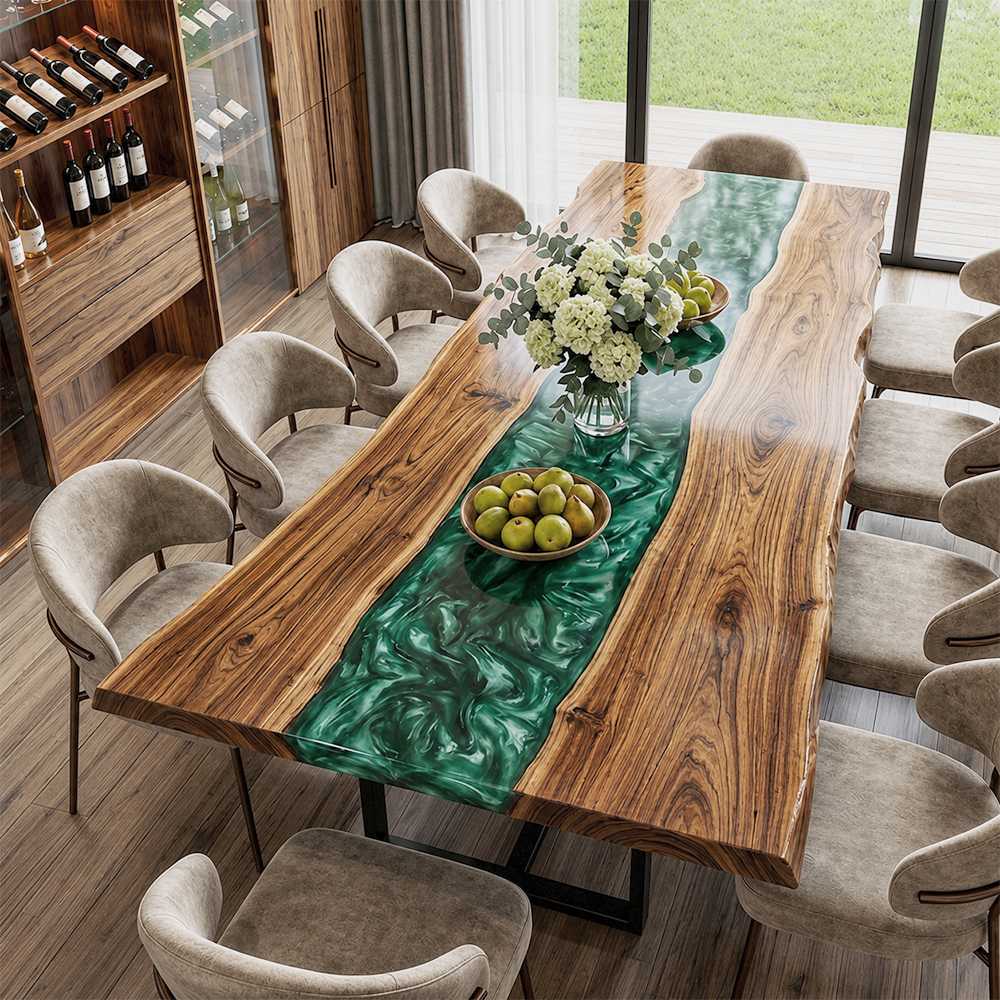 Walnut dining table featuring an emerald swirl resin river and natural live edge detailing.
