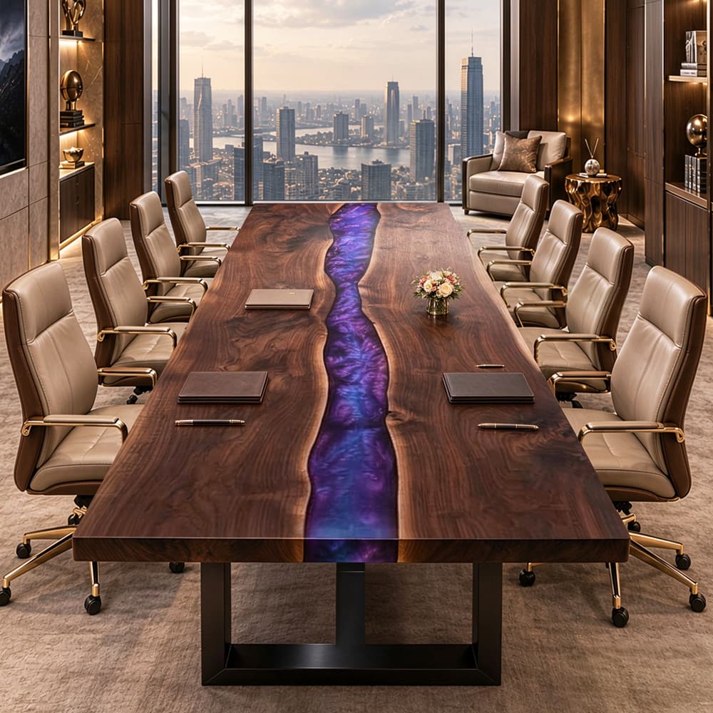 Violet epoxy conference table framed by richly figured Black Walnut in an executive boardroom