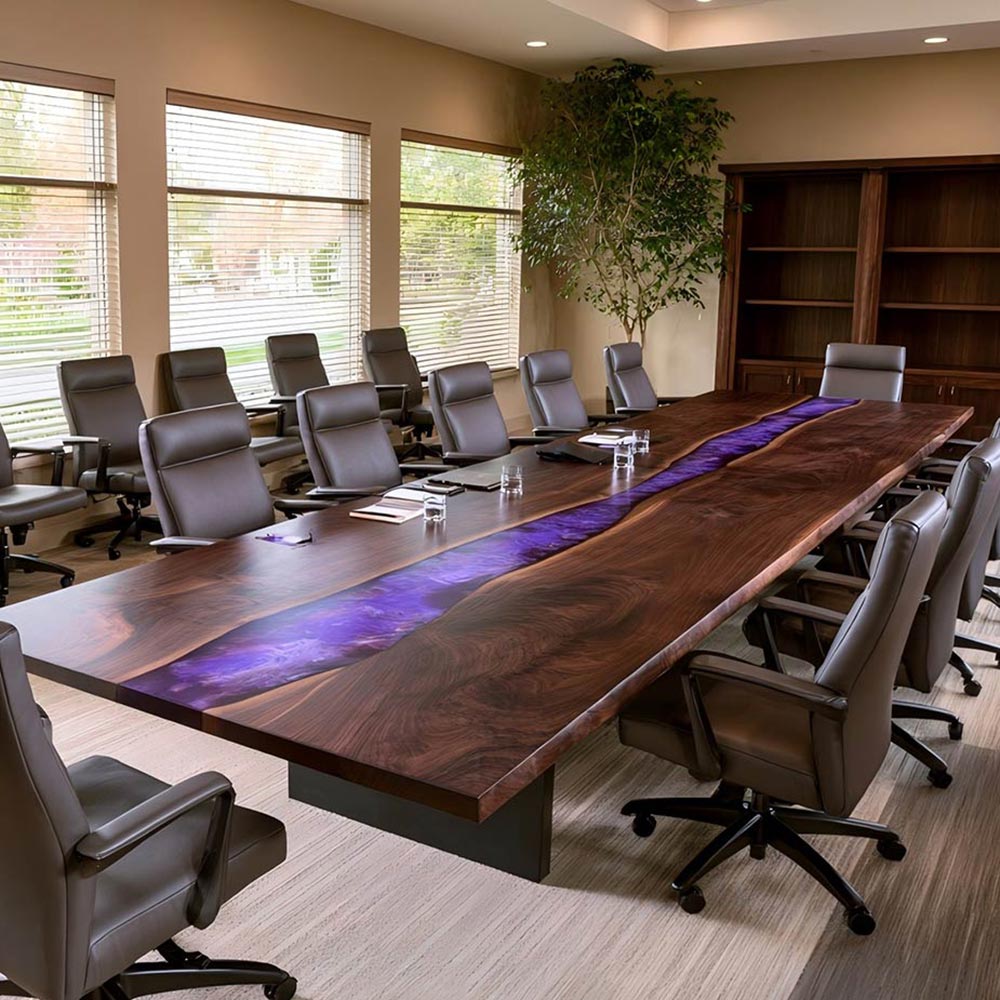 Executive conference table with vivid violet resin running through natural Black Walnut