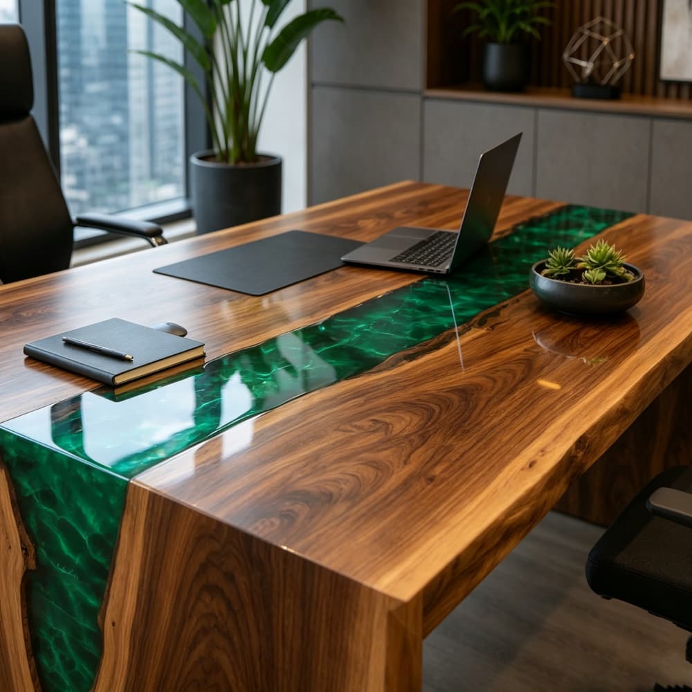 Visionary walnut executive desk with an artistic green resin river for luxury suites