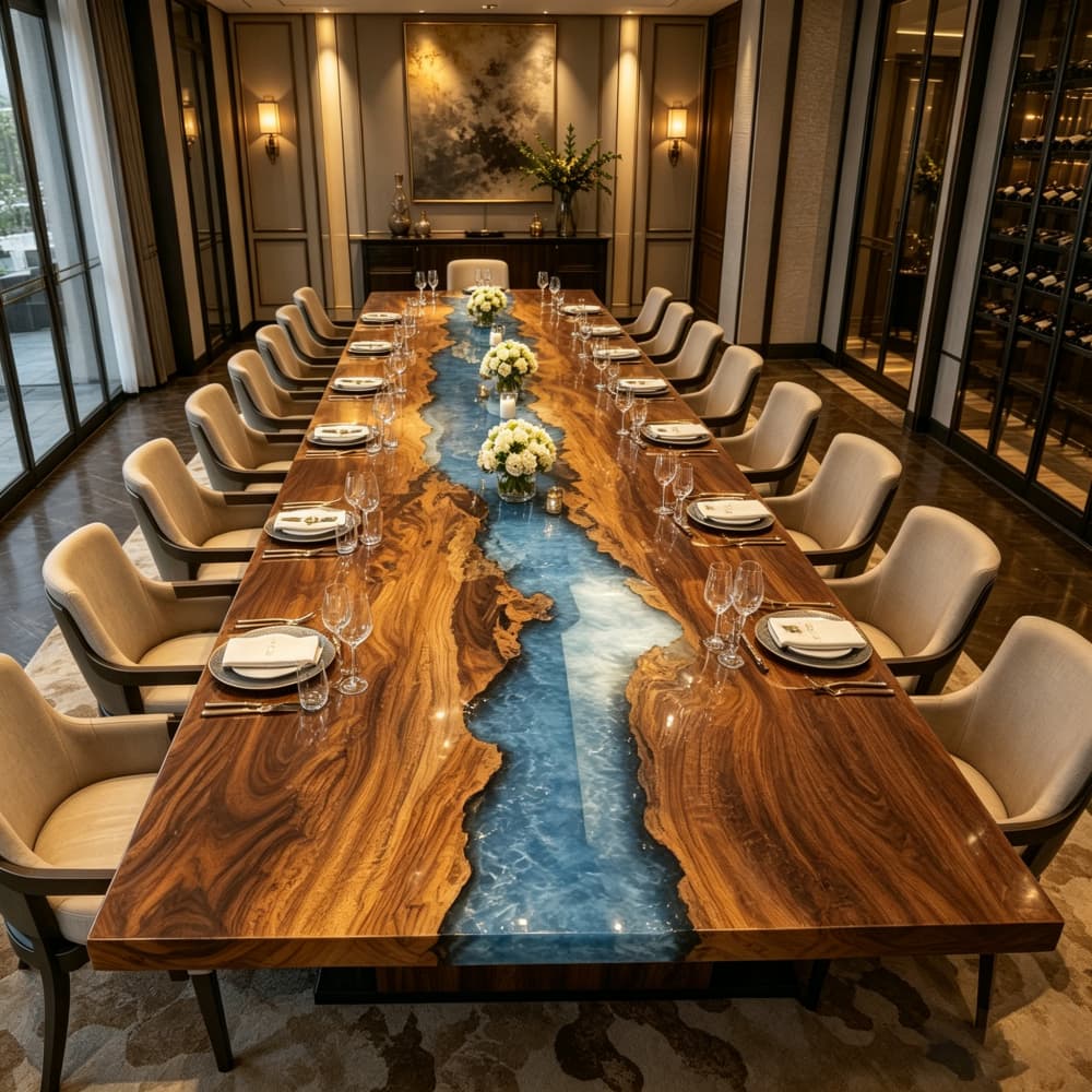 Handcrafted live edge walnut table with blue resin filling
