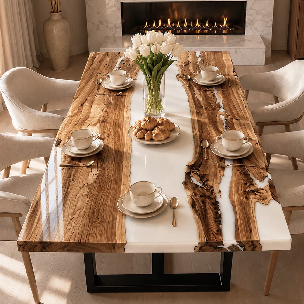 Large architectural custom walnut table with heavy timber character and modern black base legs.