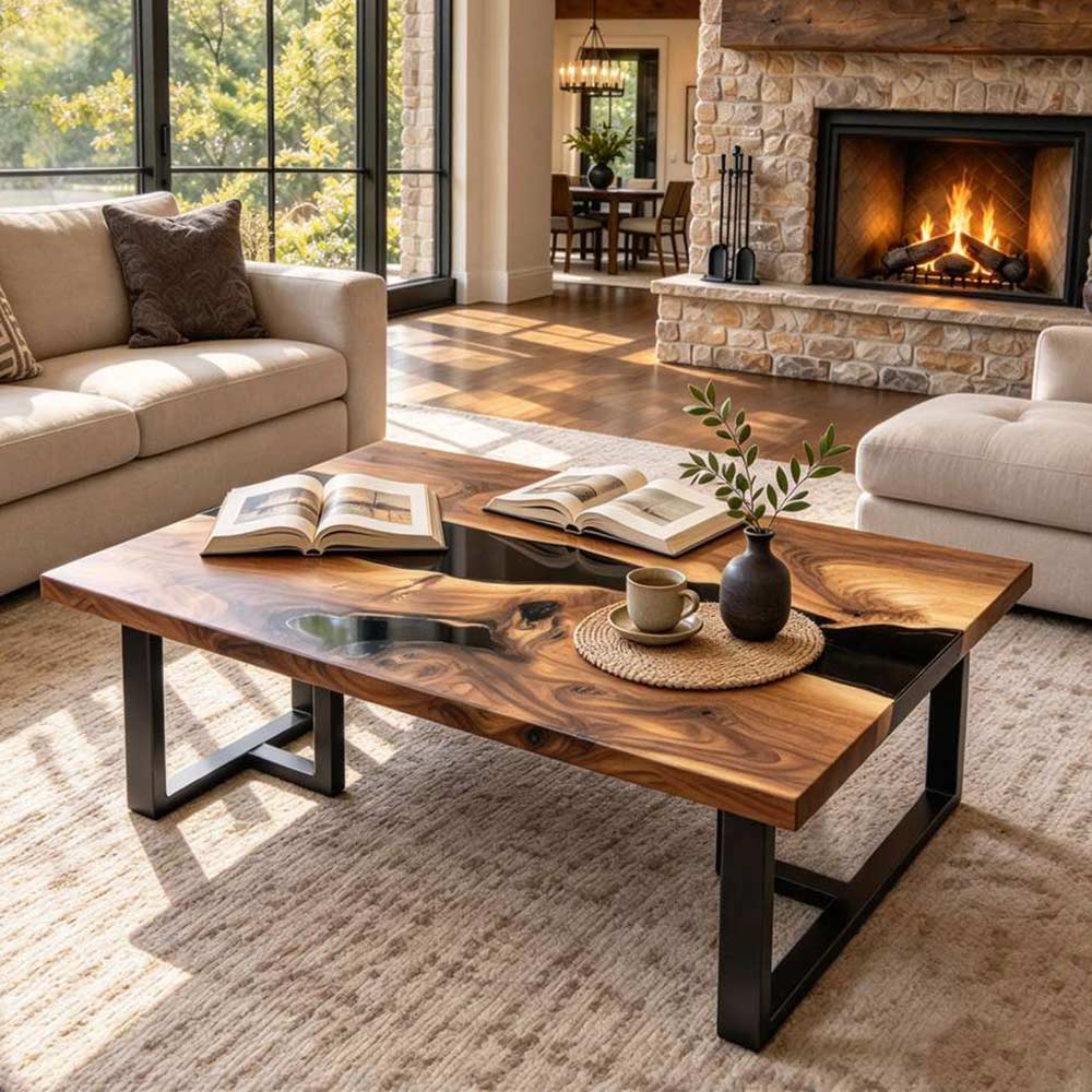 Walnut coffee table with black epoxy accents and richly patterned natural wood grain