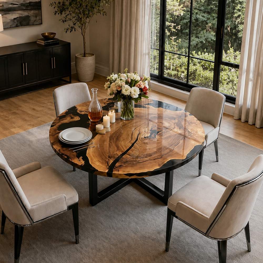 Black resin walnut coffee table styled for a boutique lounge, hotel suite, or elegant residential seating space