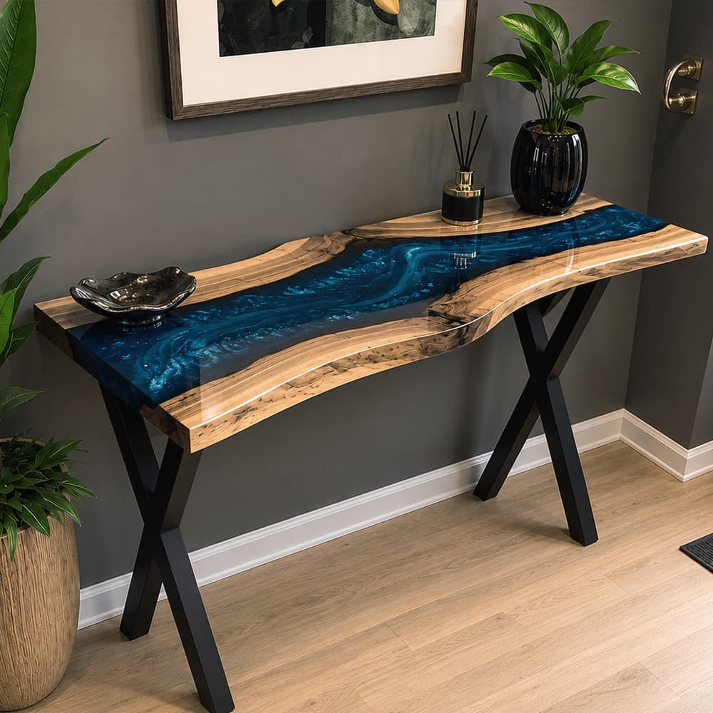Walnut and blue swirl epoxy console table styled in a luxury entryway with modern interior design