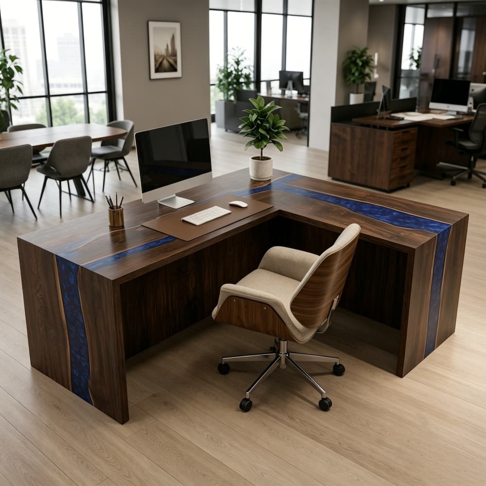 Modern L-shaped walnut executive desk with blue resin river