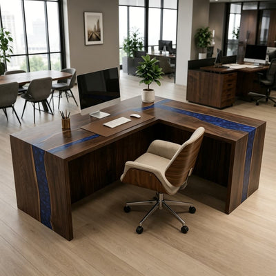 Luxury L-Shaped Walnut with Blue Epoxy Resin Desk & Modern Waterfall Executive Office Workstation | OD-08