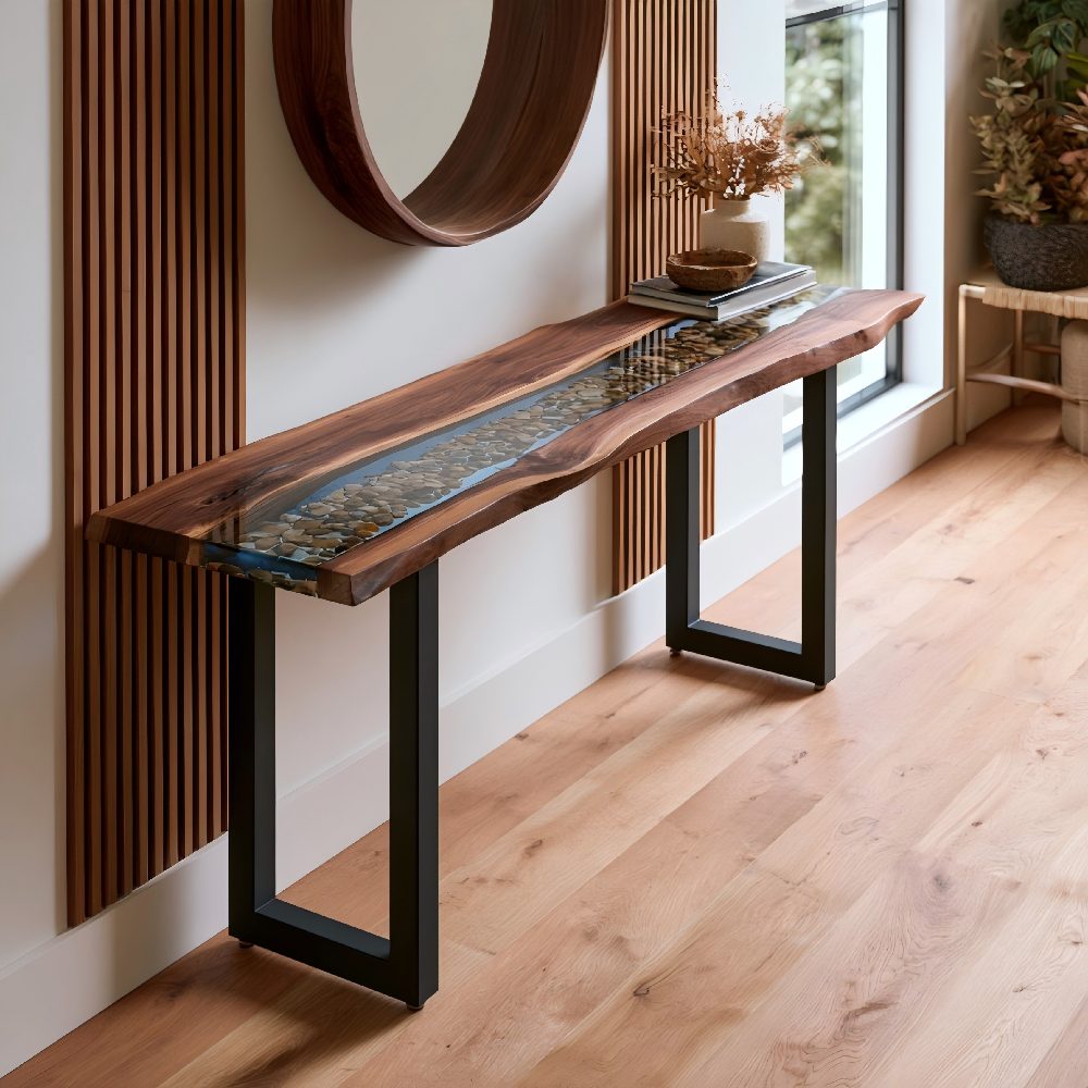 Walnut console table with clear blue epoxy resin and natural stone inlay for a modern entryway