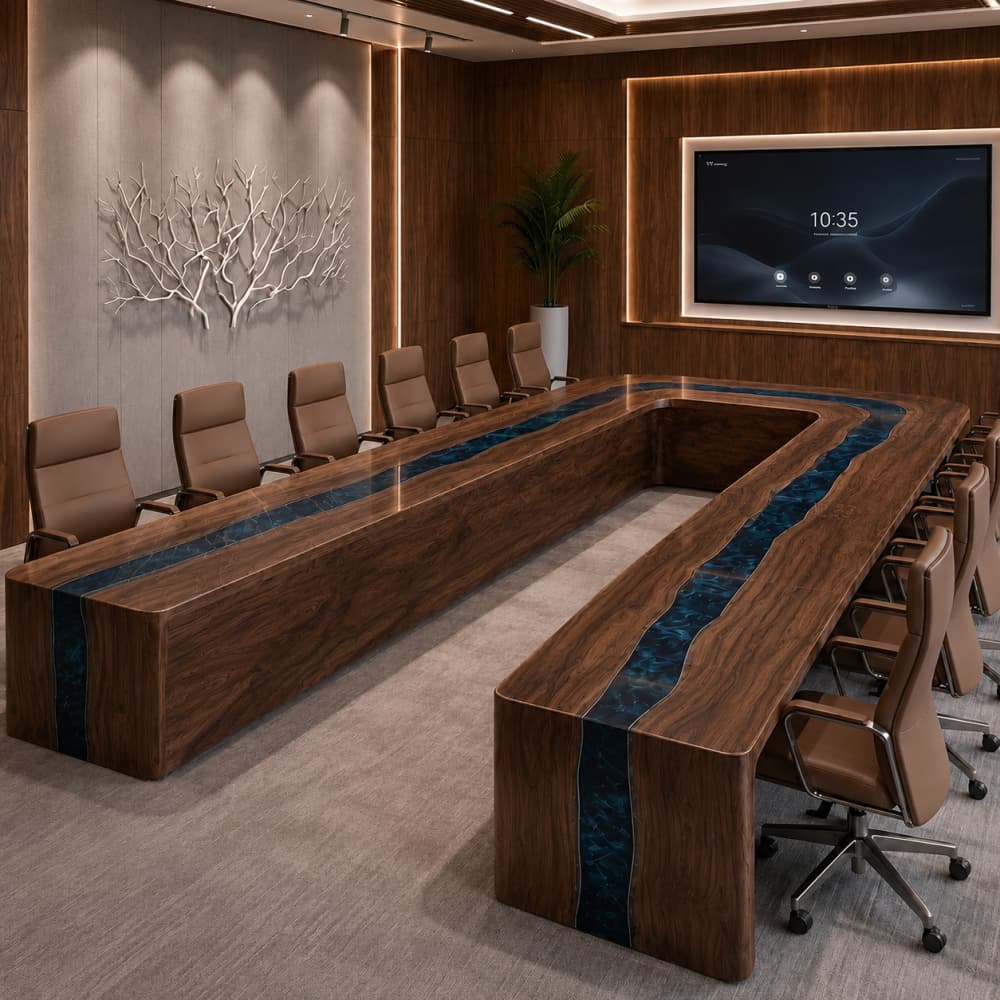Custom walnut boardroom table featuring a continuous blue epoxy river design