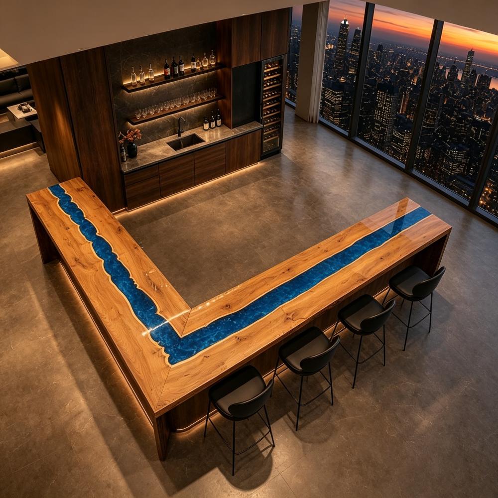 Walnut corner bar counter with blue swirl epoxy resin in an L-shaped layout