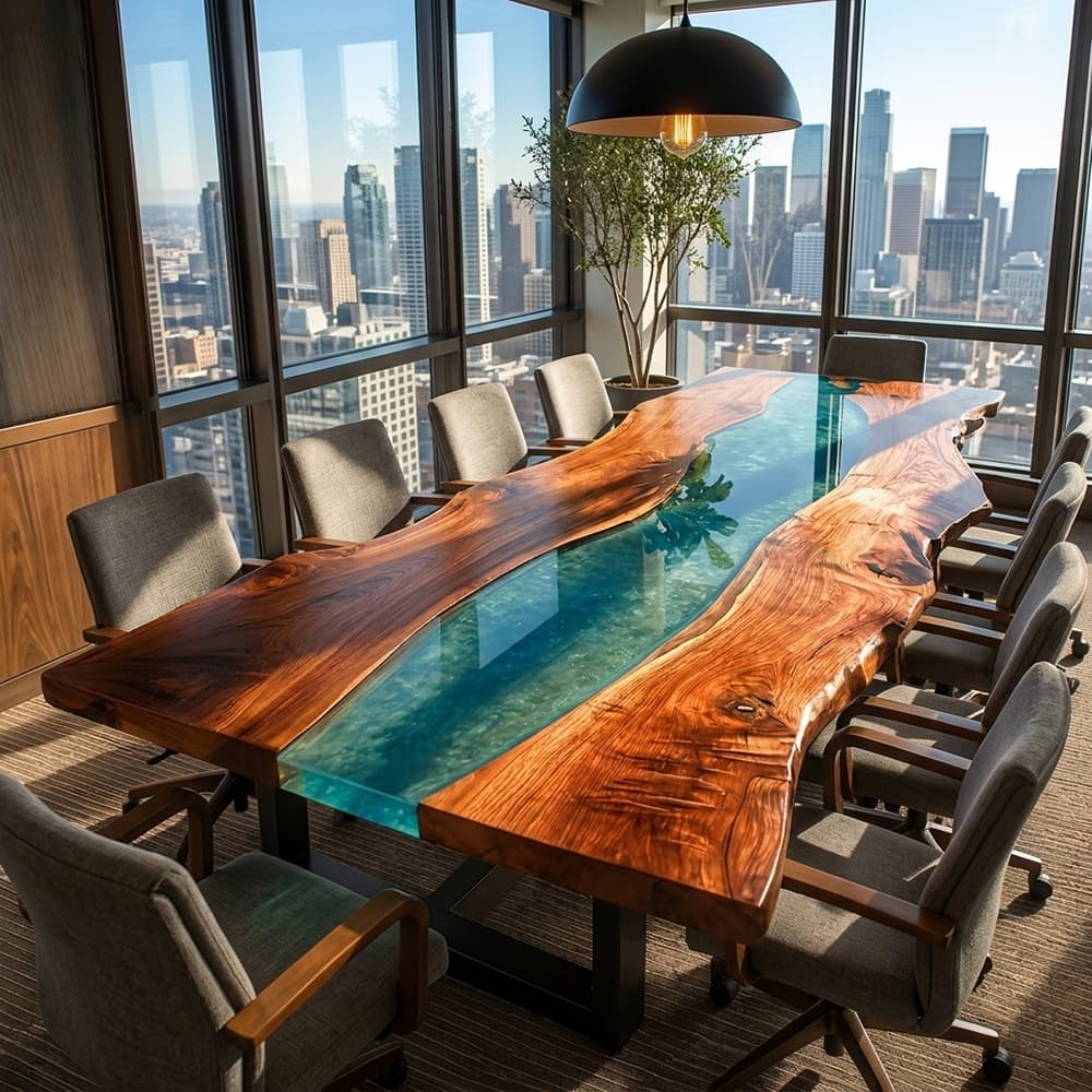 Walnut clear lake blue epoxy conference table with live edge slabs in a modern boardroom