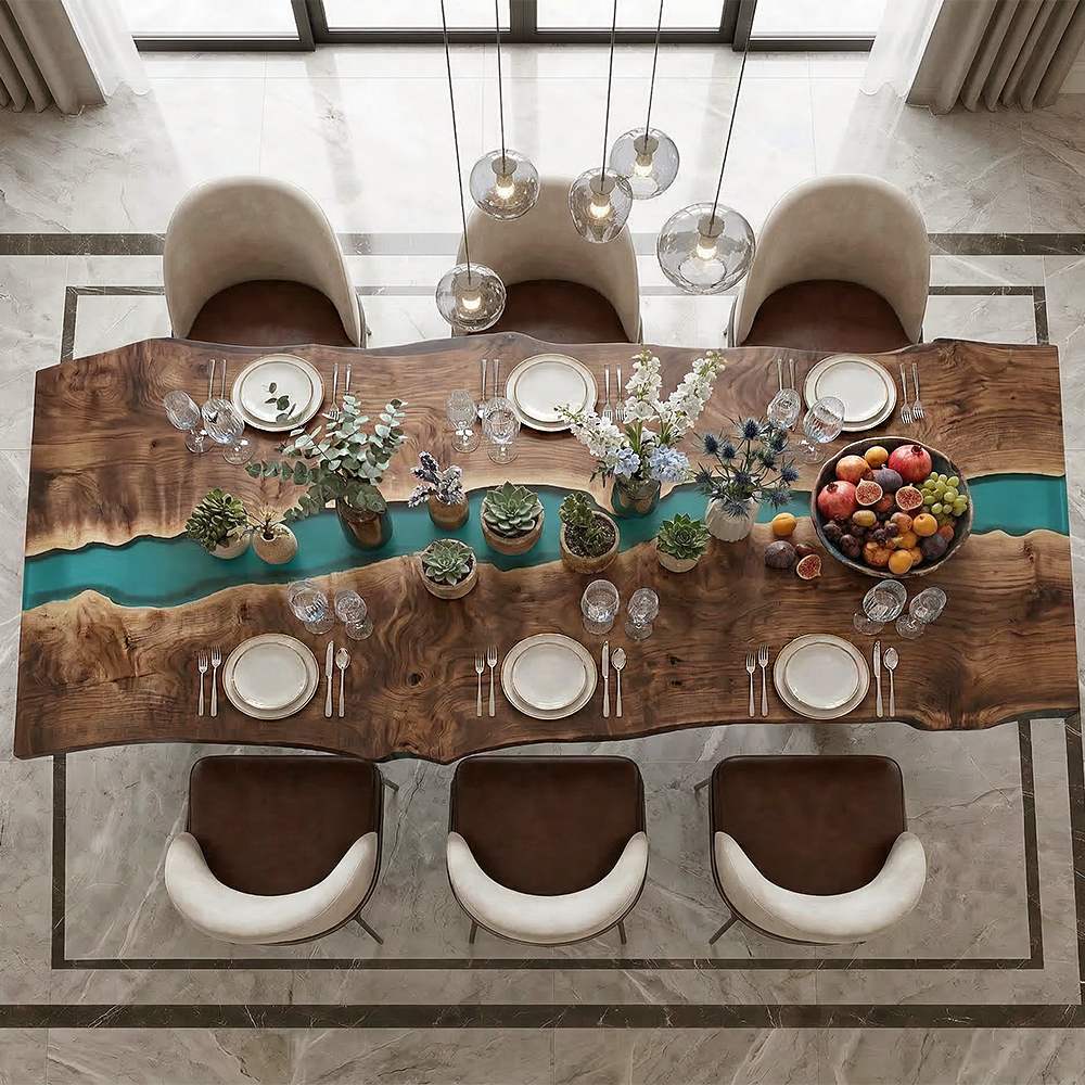 Custom banquet table crafted from black walnut with a crystal-clear resin river centerpiece