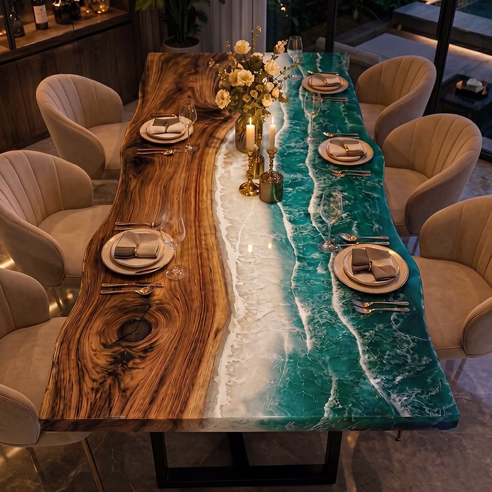 High-end coastal style custom dining table set in a modern open-concept luxury home overlooking a garden.