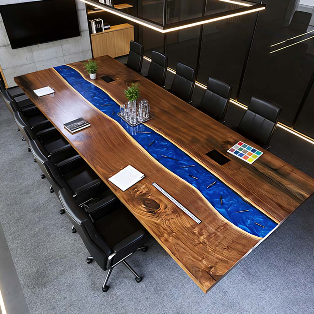 Premium black walnut epoxy conference table with integrated power access for modern offices