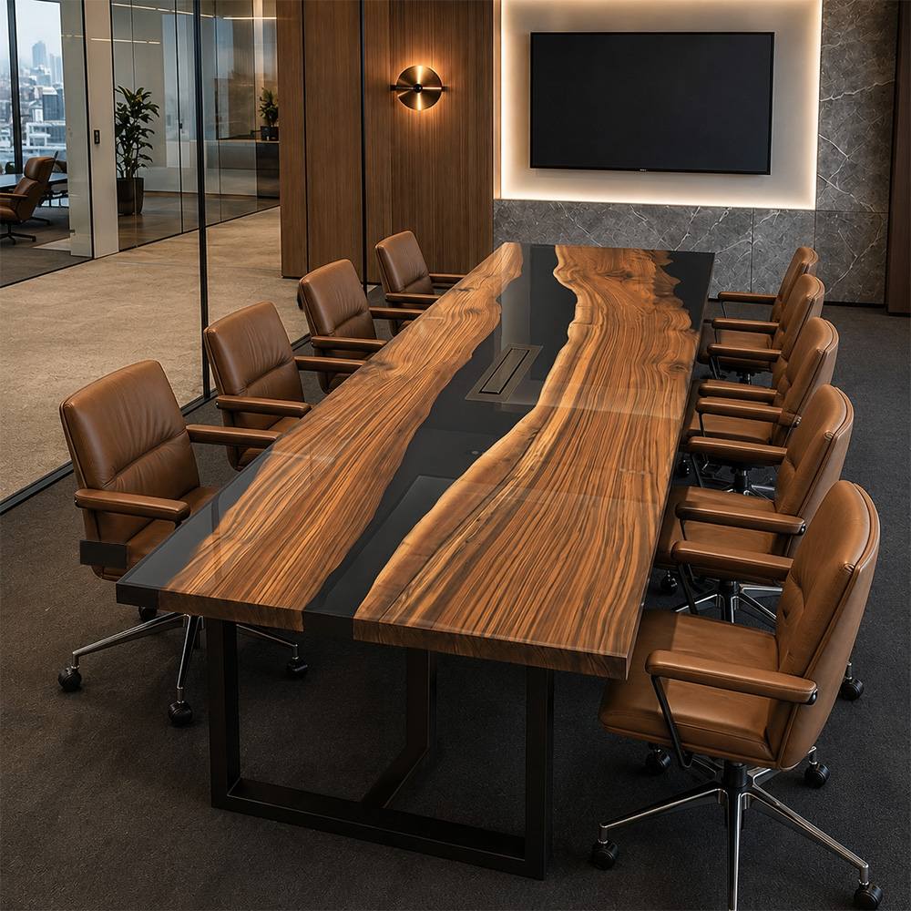 Black walnut boardroom table featuring an integrated smart power and media connectivity hub