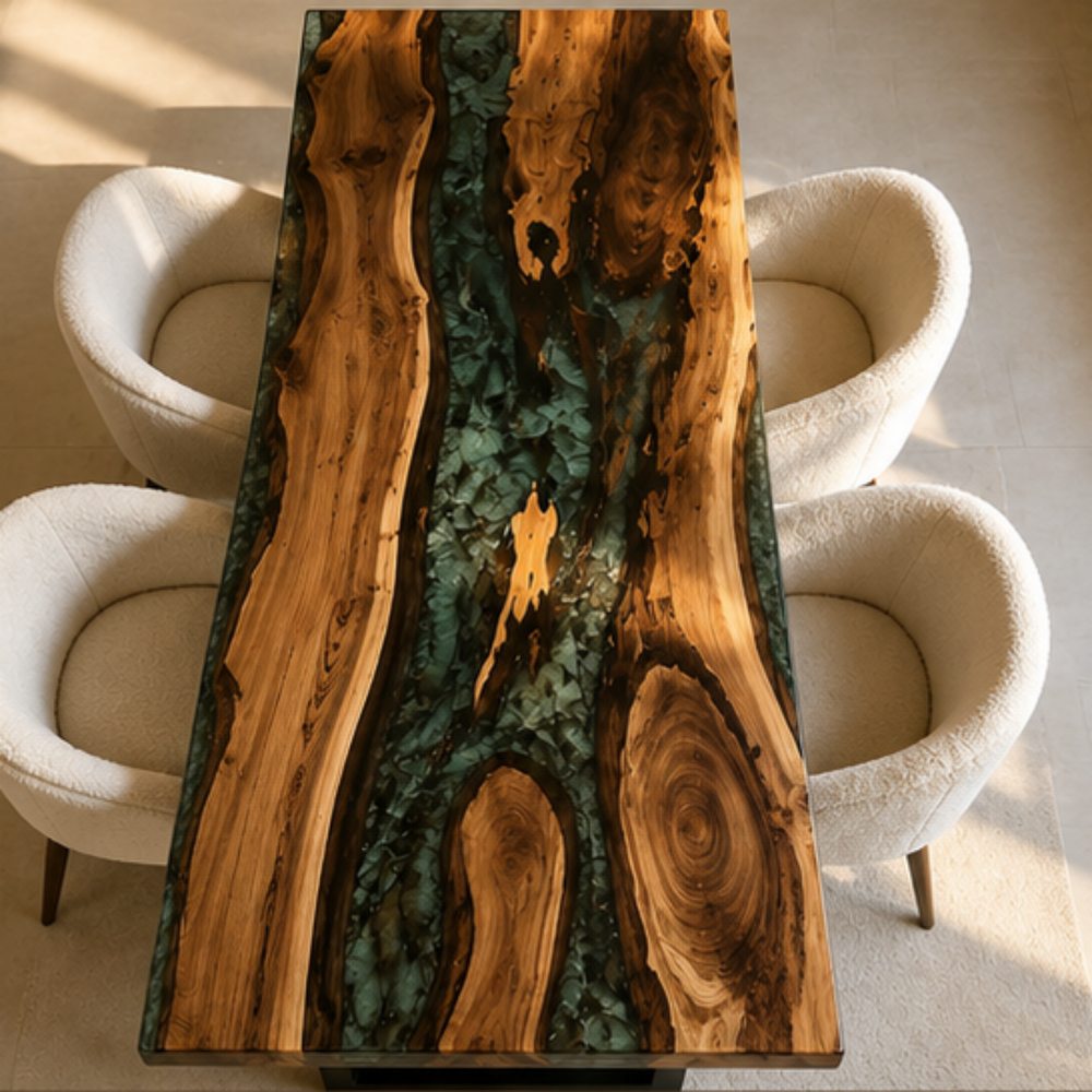 Straight overhead top-down shot of rectangular live edge walnut dining table filled with crushed translucent turquoise stone epoxy river, surrounded by four cream bouclé curved dining chairs on soft textured light rug under warm natural sunlight