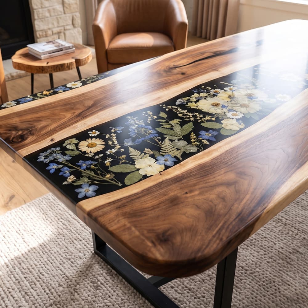 delicate white and blue preserved flowers perfectly suspended inside a deep black resin furniture channel.