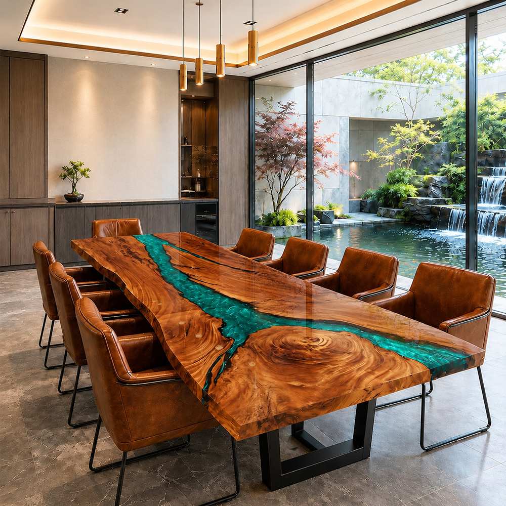 Live edge walnut dining table with emerald green swirl epoxy river, black metal legs, vintage leather chairs, modern home dining room with backyard pond waterfall view