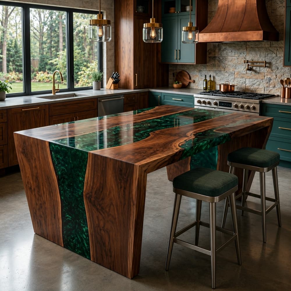 Luxury walnut kitchen island with waterfall emerald green swirl resin river