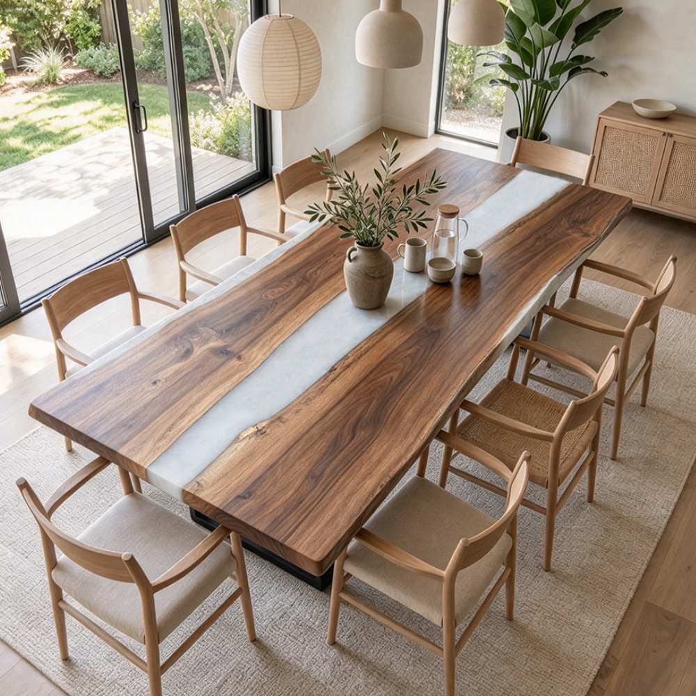 Custom walnut epoxy dining table with a light gray resin river, natural wood grain, and soft matte finish in a modern dining room.