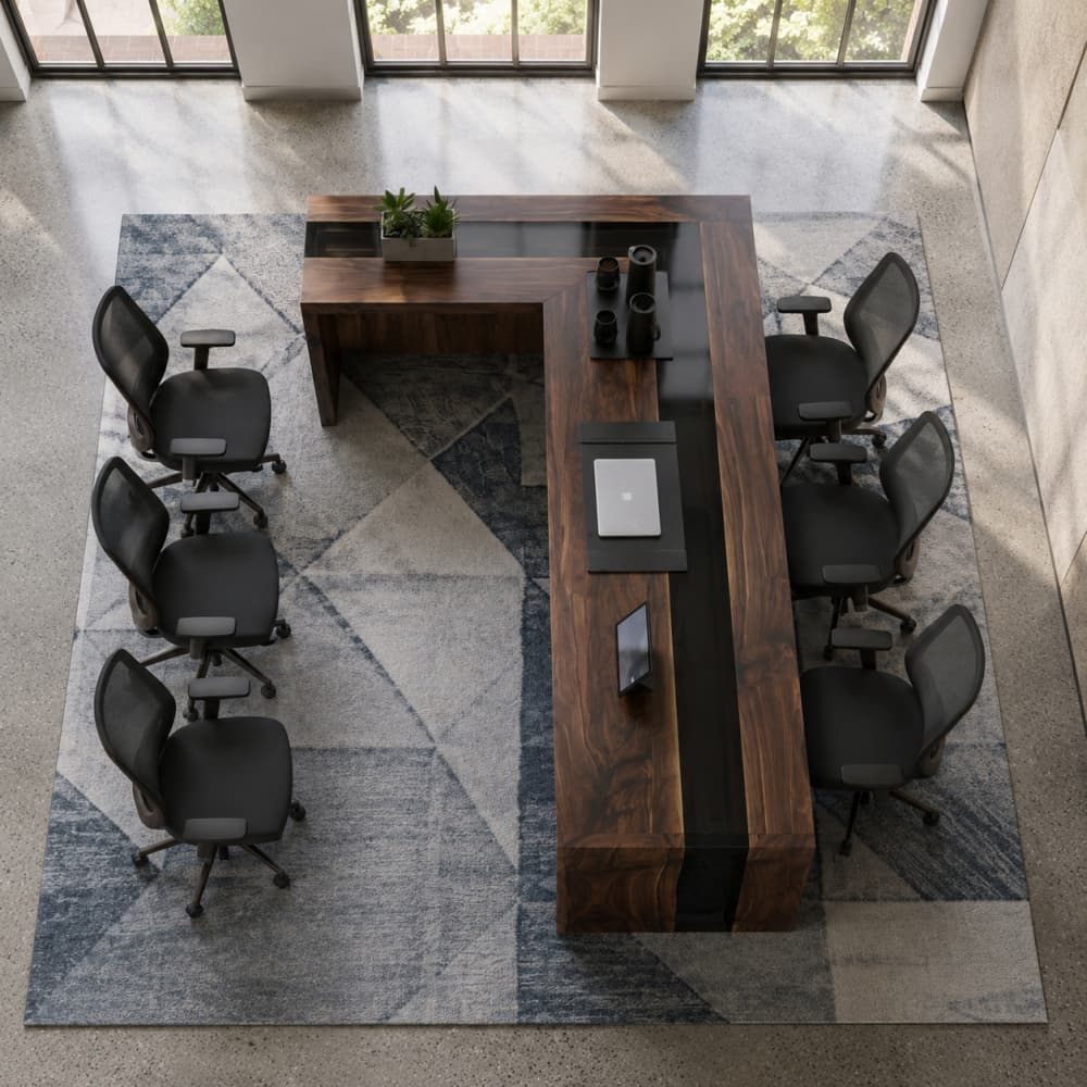 Black walnut meeting table with transparent black epoxy river and waterfall base