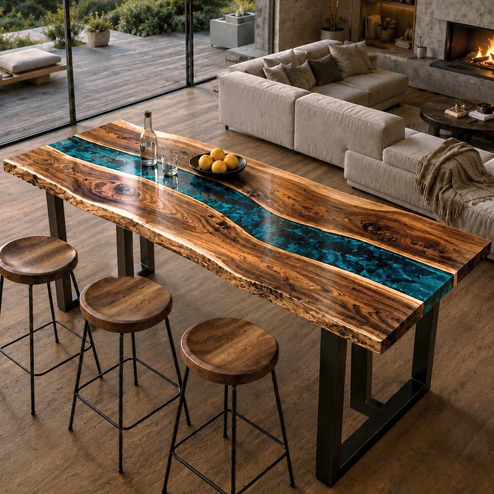 Handcrafted pub-height walnut table with deep blue resin river and modern steel base